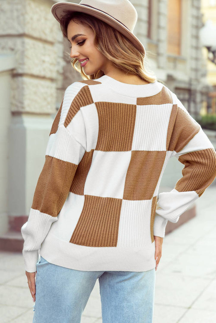 Checkered Ribbed Detail Button V Neck Sweater Cardigan