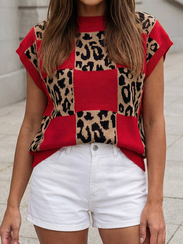 Western Leopard Checkerboard Short Sleeve Knit Sweater |S-4X