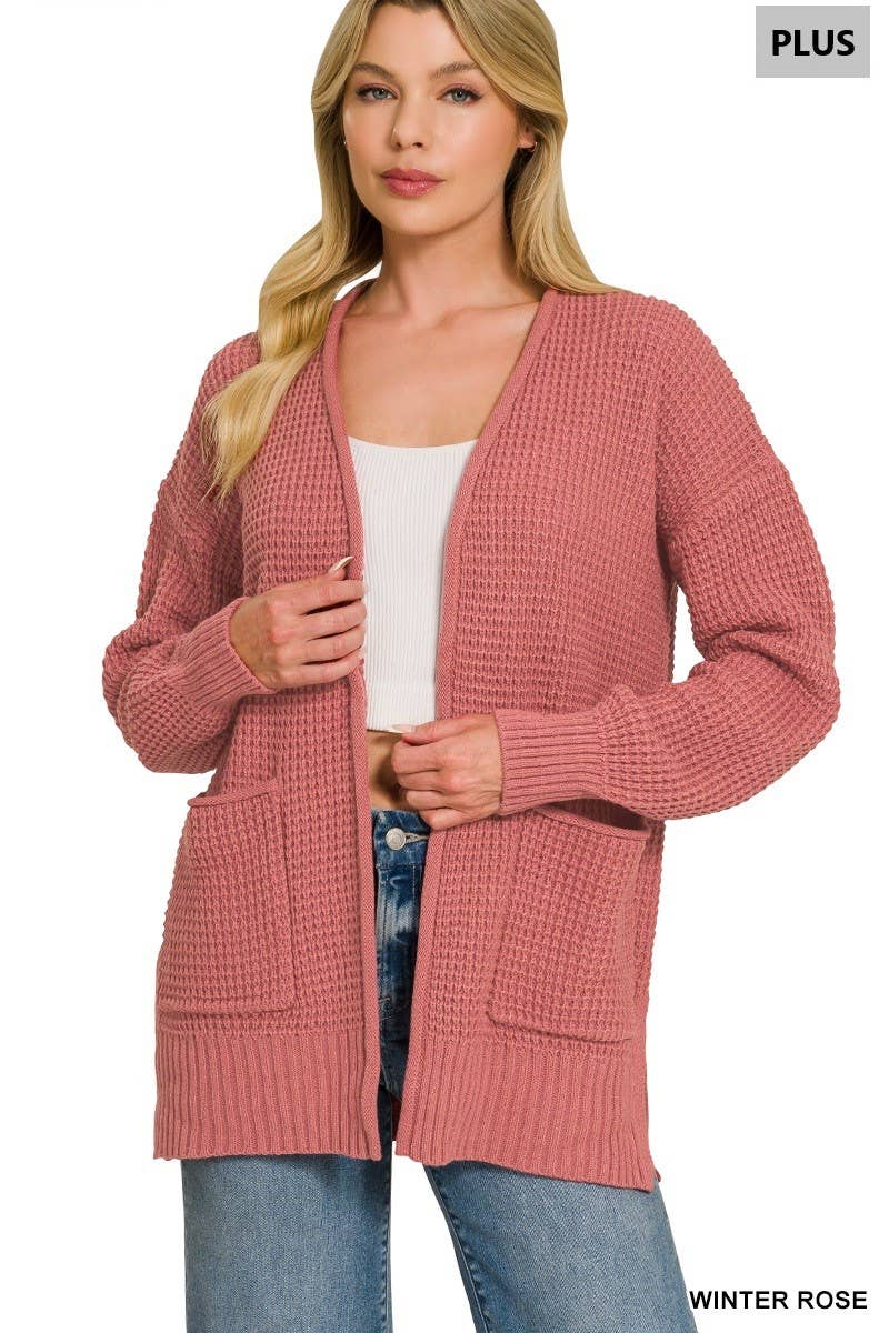 Plus Low Gauge Waffle Open Cardigan Sweater