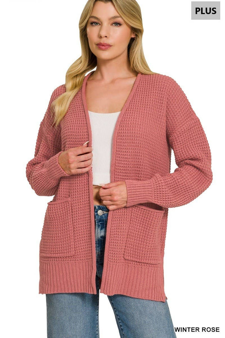 Plus Low Gauge Waffle Open Cardigan Sweater