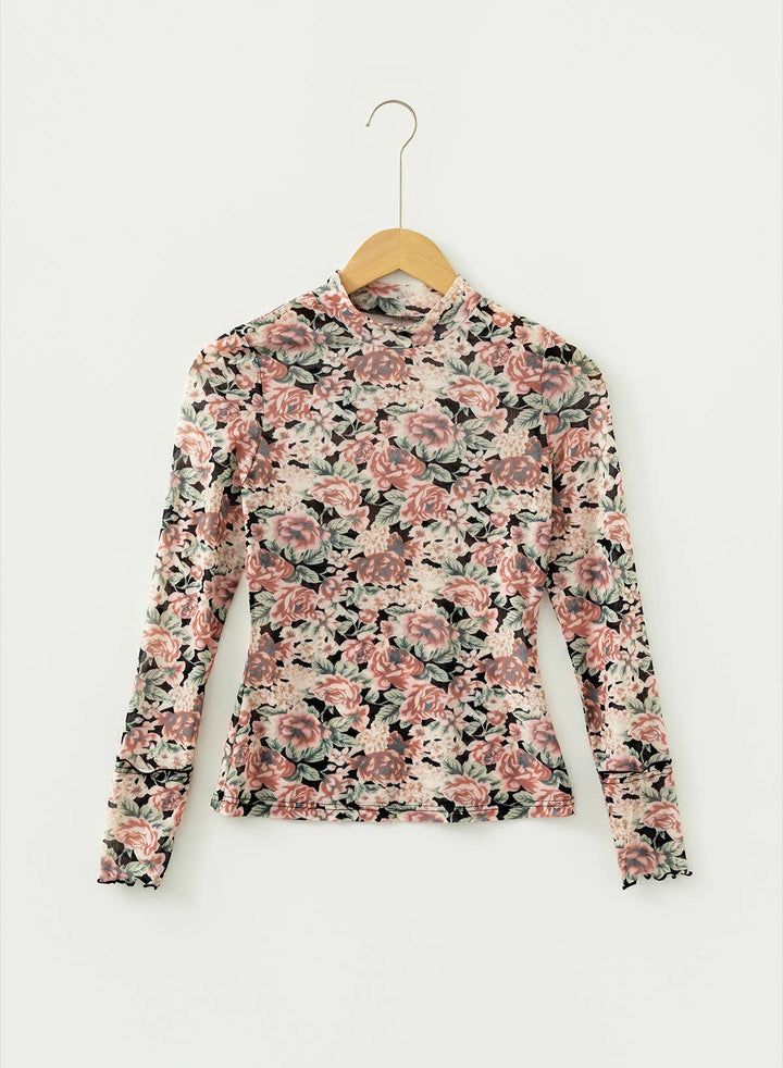 Retro Floral Print Mesh Long Sleeve Top | S-4X