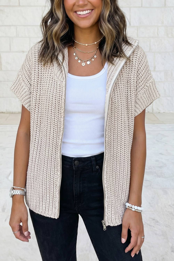 Solid Color Short Sleeve Zipper Knit Mock Neck Sweater