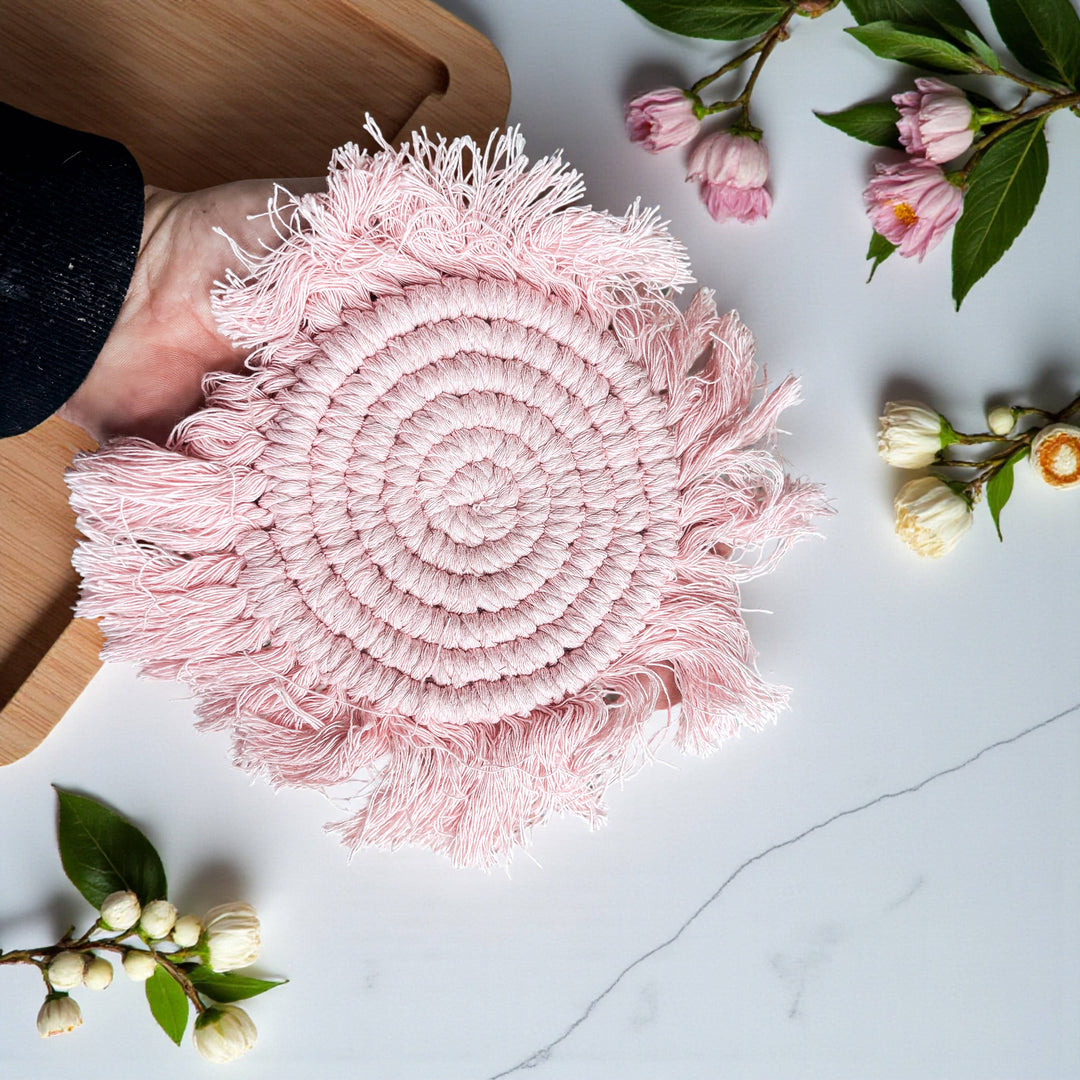 Fabric Tassel Spiral Braided Coasters, Spring Tabletop Decor