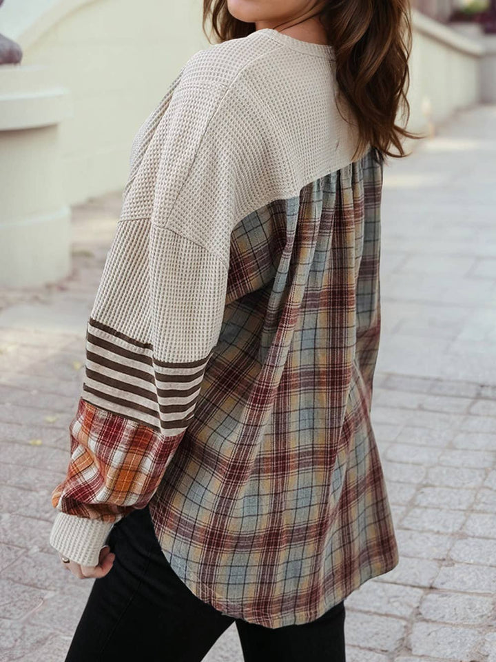 Waffle Stripe Plaid Patchwork Henley Knit Top S-4X