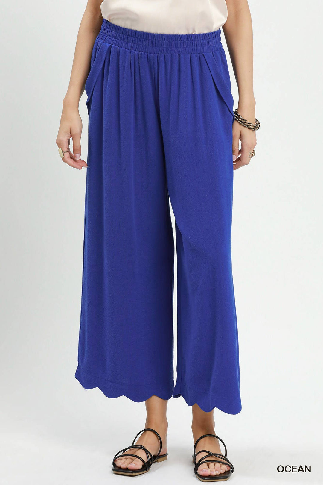 Linen Blend Scallop Hem Wide Leg Pants