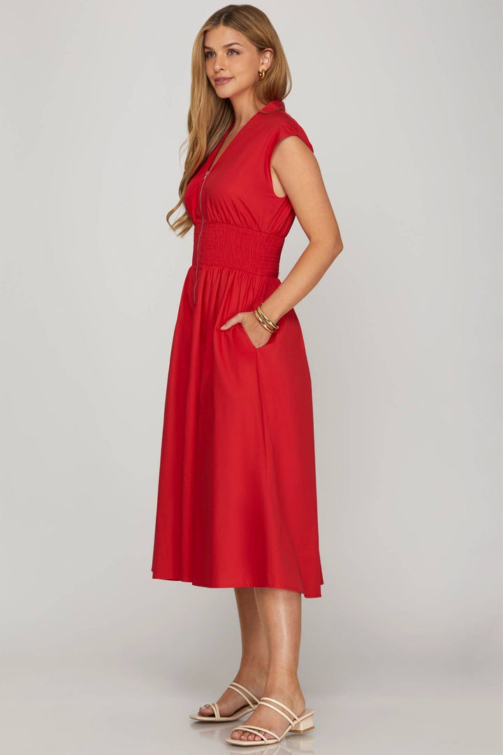 Drop Shoulder Smocked Waist Midi Dress