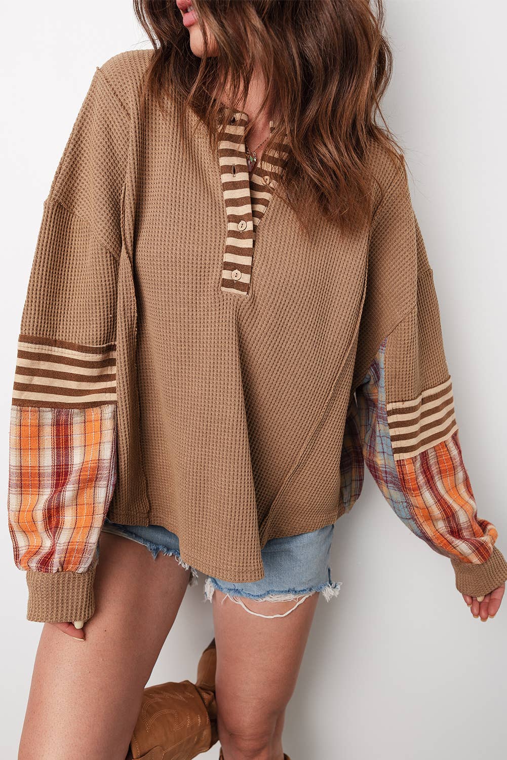 Waffle Stripe Plaid Patchwork Henley Knit Top S-4X