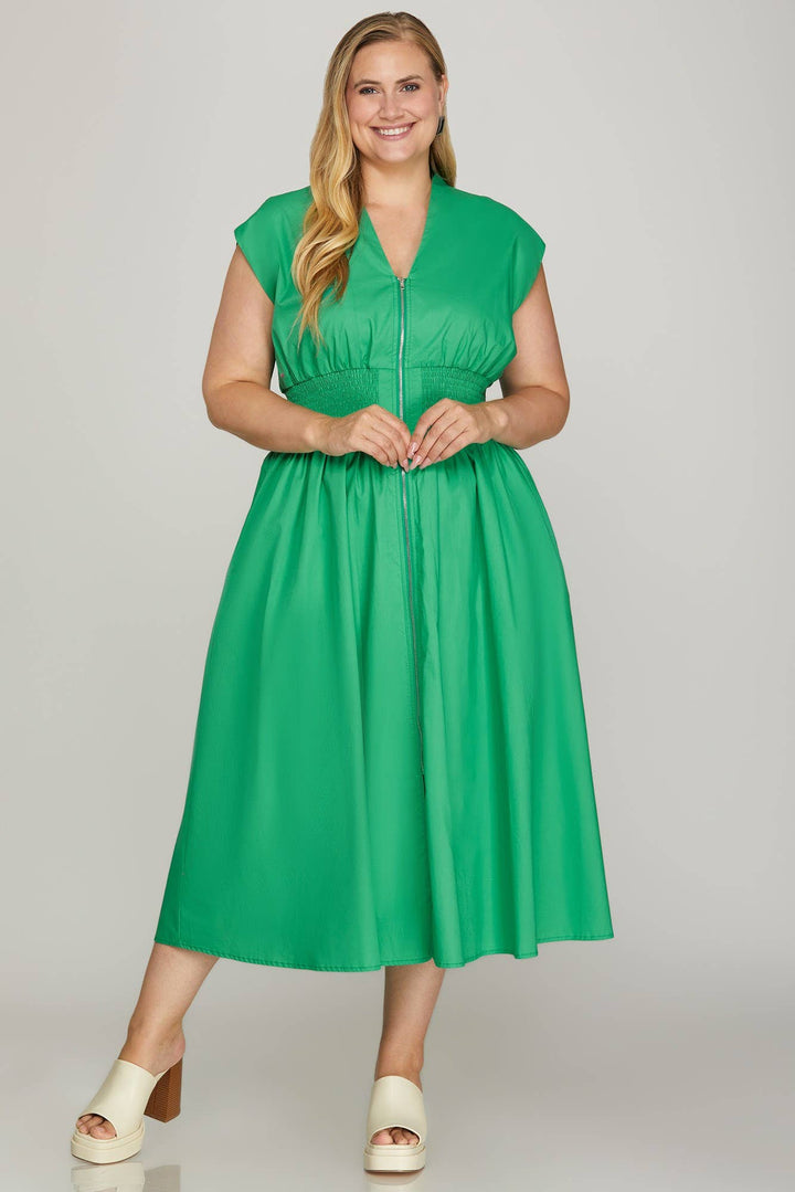 Plus Smocked Waist Front Zip Midi Dress