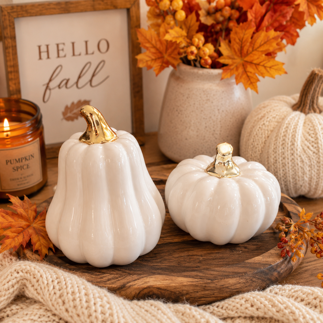 Neutral Autumn Home Decor, Pastel Fall Mini Pumpkins Ceramic