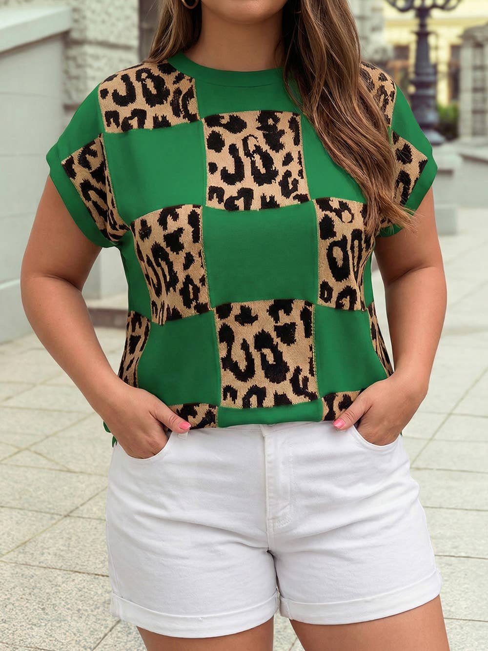 Western Leopard Checkerboard Short Sleeve Knit Sweater |S-4X
