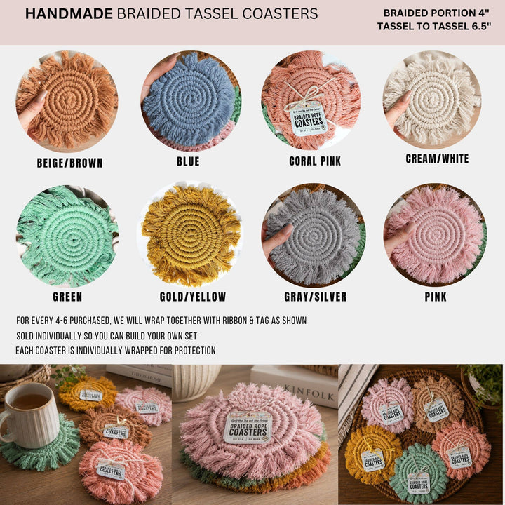 Fabric Tassel Spiral Braided Coasters, Spring Tabletop Decor
