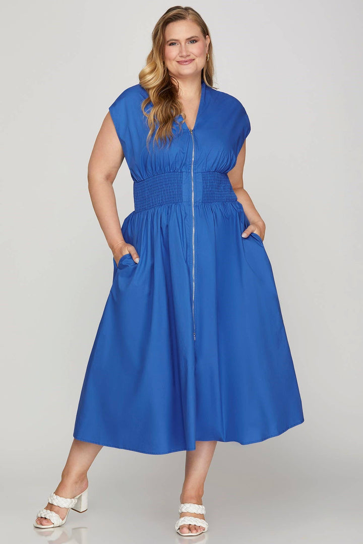 Plus Smocked Waist Front Zip Midi Dress