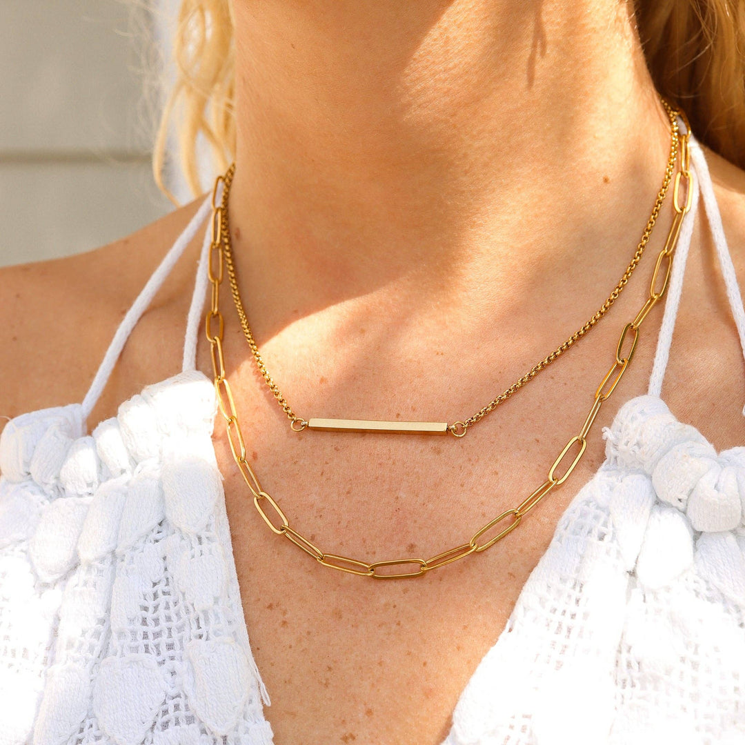18K Gold PVD Stainless Steel Paperclip Layered Blank Bar Necklace