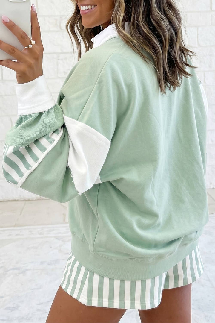 Striped Colorblock Patchwork Sweatshirt &amp; Shorts Set S–4X