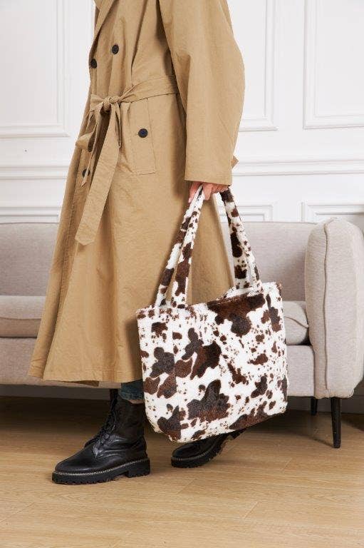 Black Brown Cow Print Faux Fur Tote Bag
