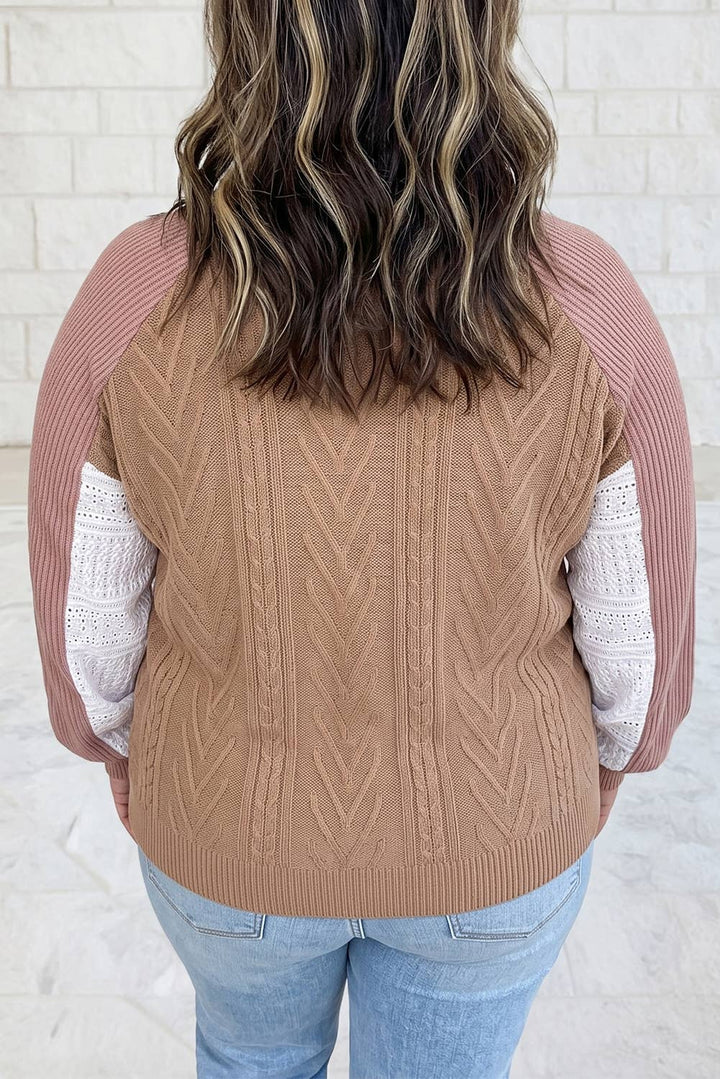 V Neck Lace Sleeve Patchwork Plus Size Blouse