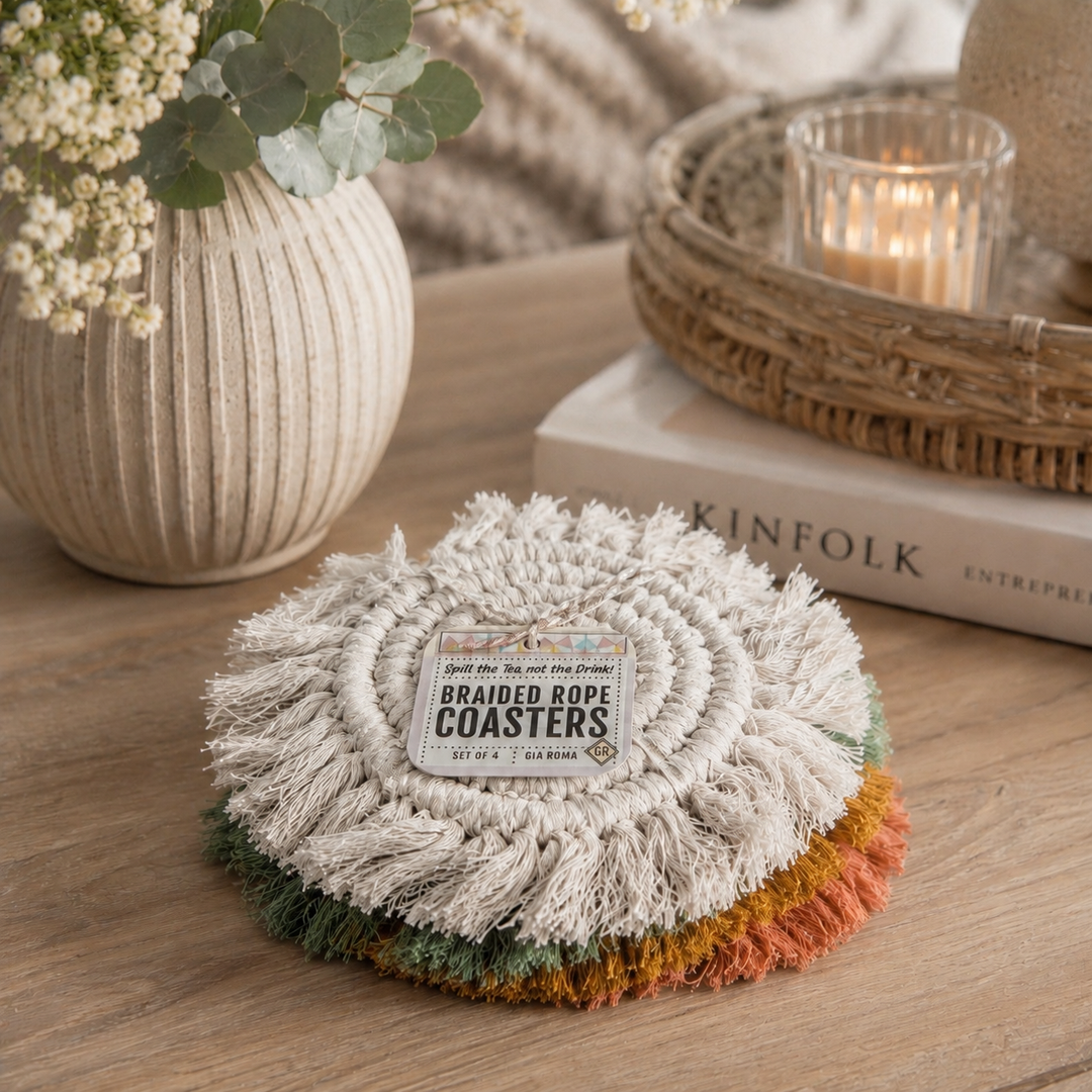 Fabric Tassel Spiral Braided Coasters, Spring Tabletop Decor