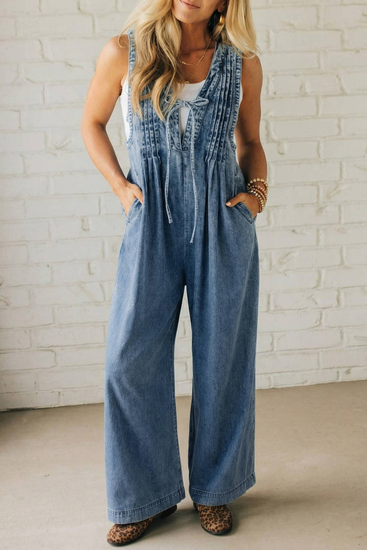 Solid Western Acid Wash Tie Neck Pintuck Wide Leg Jumpsuit