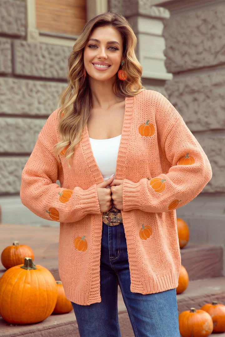 Pumpkin Patch Embroidery Open Front Drop Shoulder Cardigan