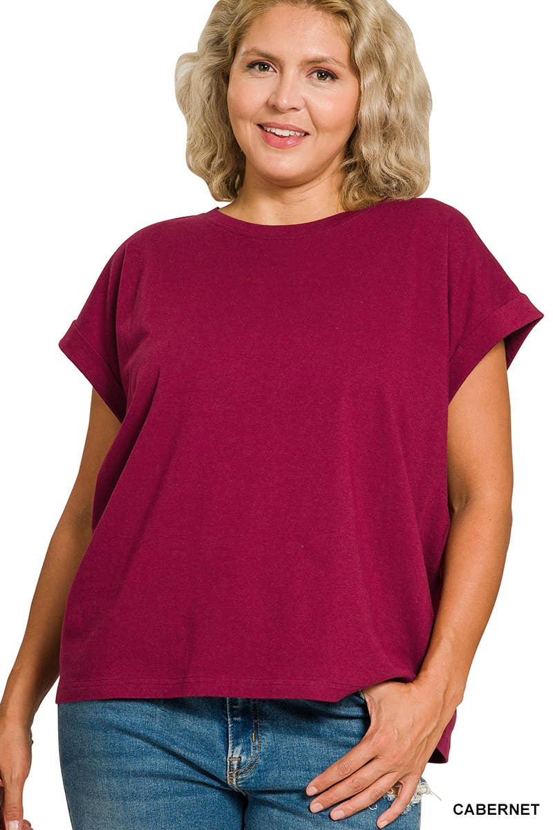 Plus Round Neck Folded Short Sleeve T-shirt