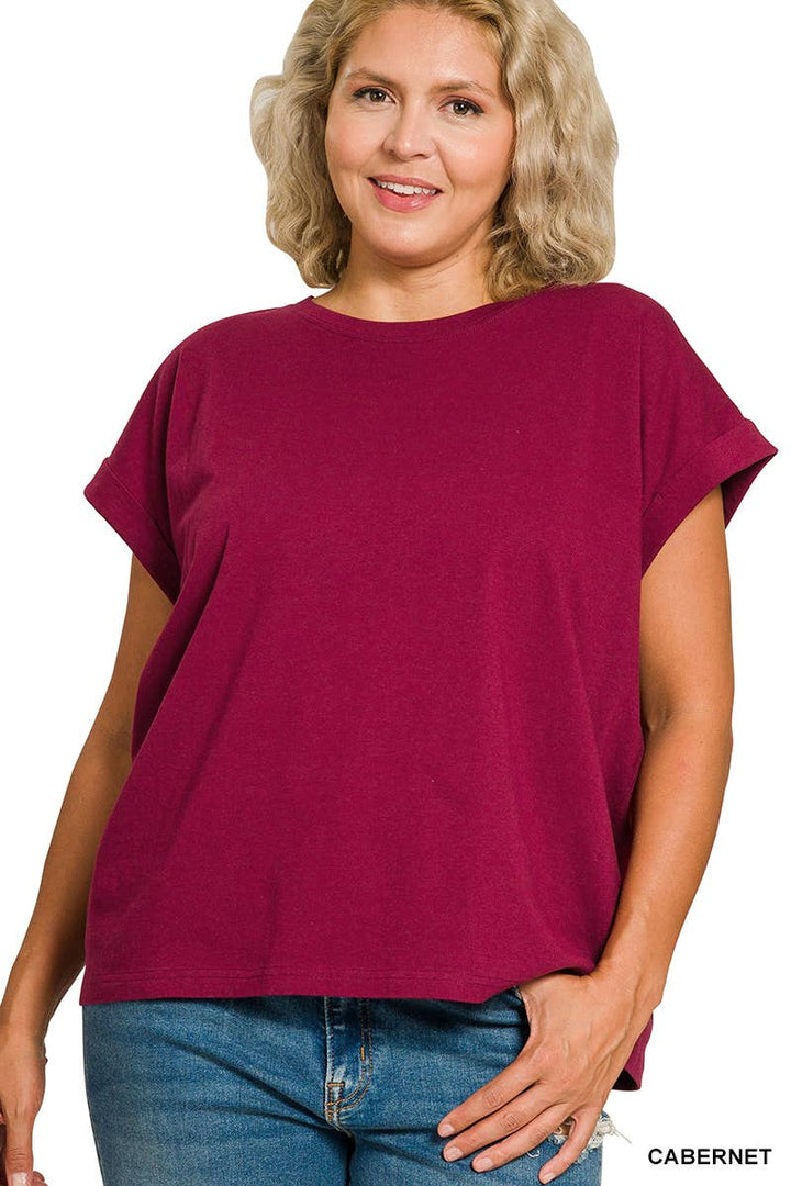 Plus Round Neck Folded Short Sleeve T-shirt