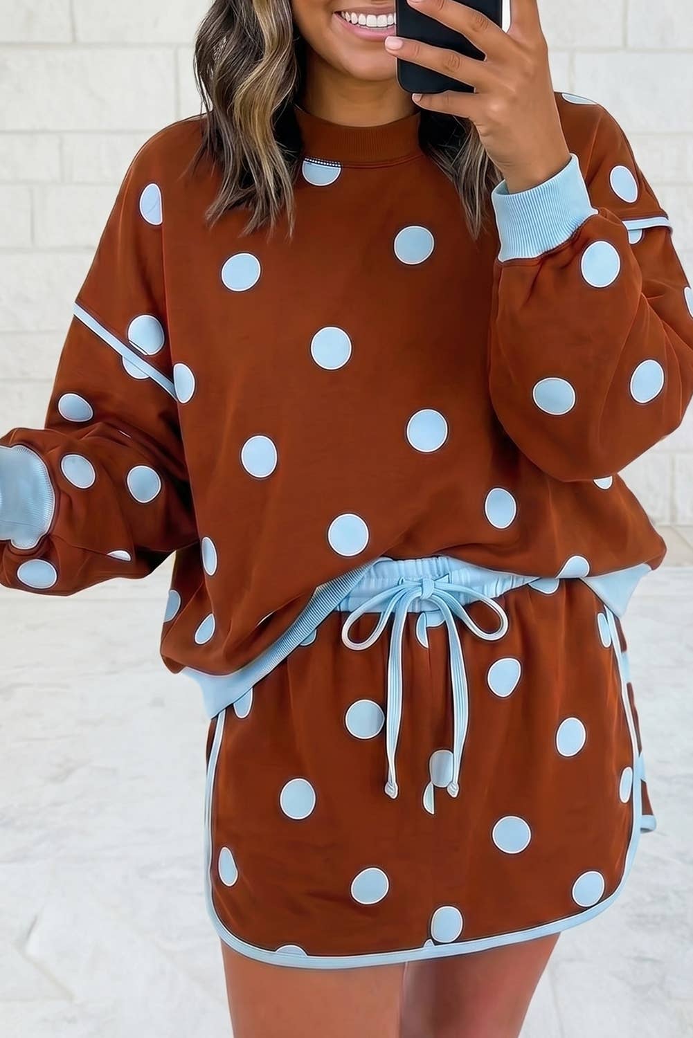 Polka Dot Details Long Sleeve and Skort 2 Pcs Set