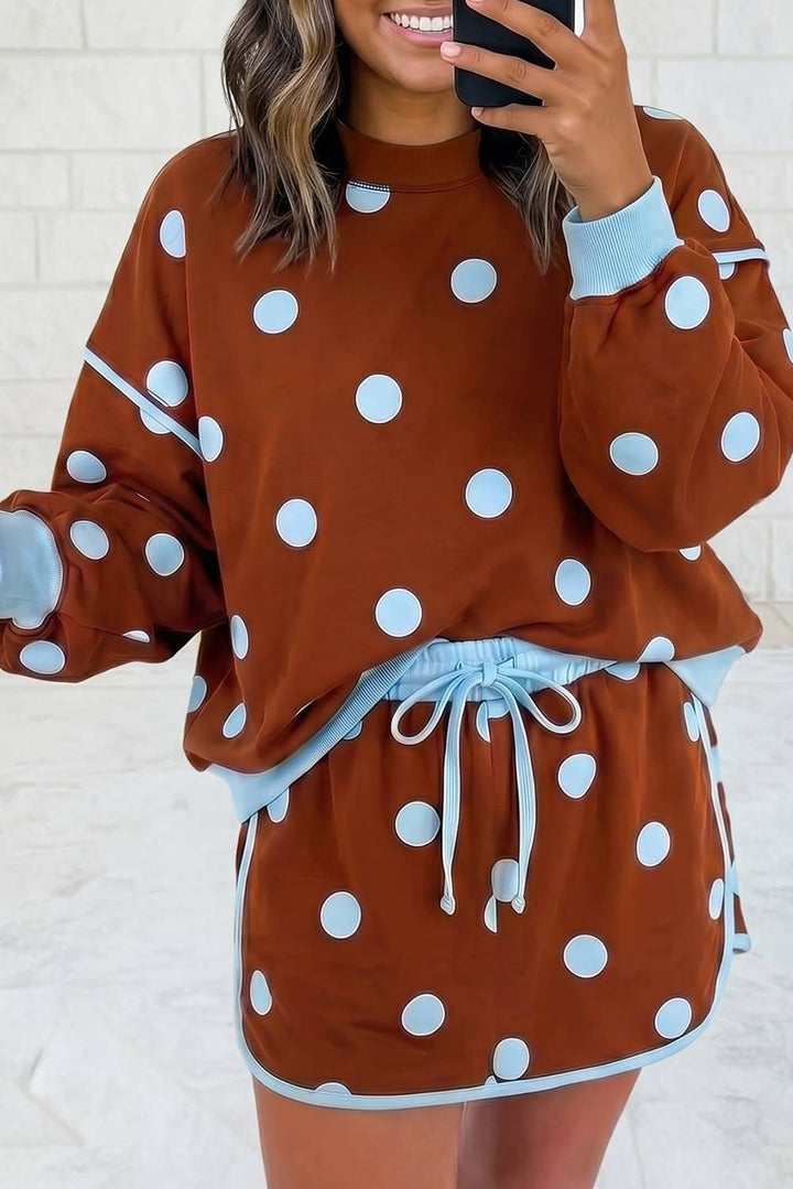 Polka Dot Details Long Sleeve and Skort 2 Pcs Set