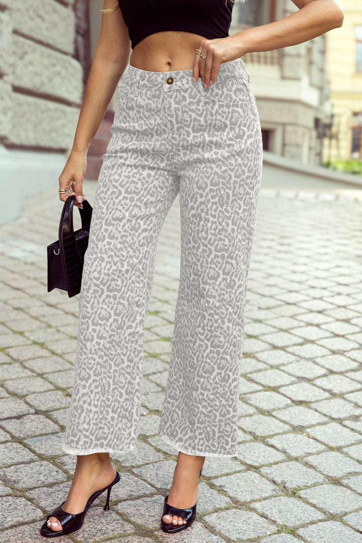 Leopard /Polka Dot Frayed Edge Wide Leg High Waist Jeans