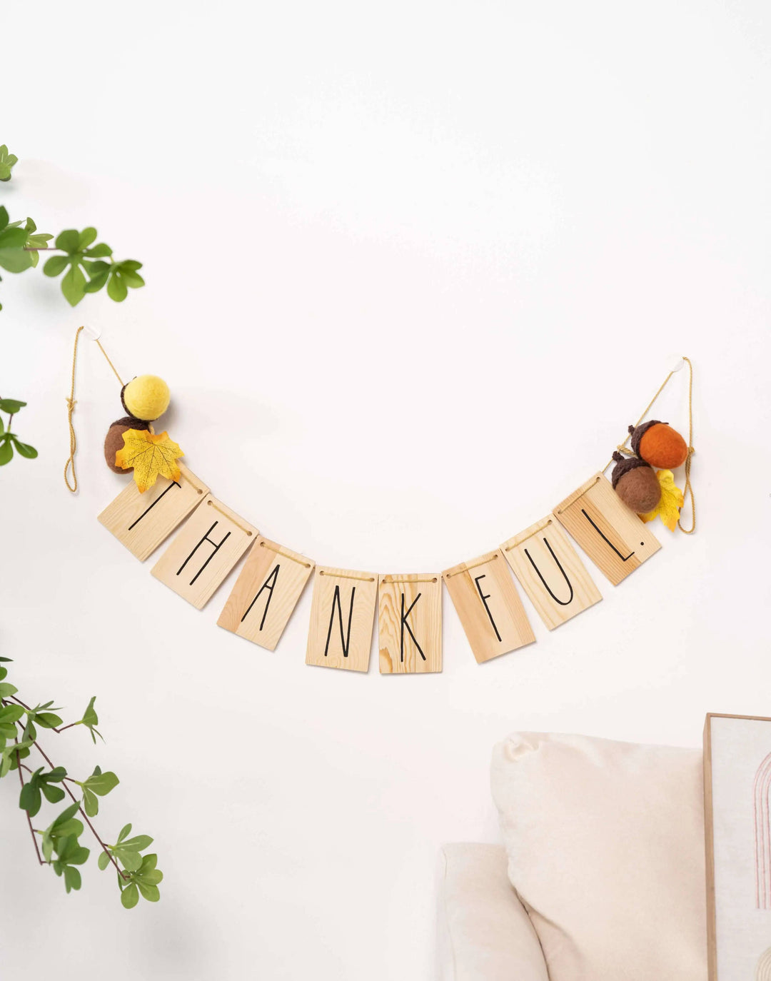 Rae Dunn “Thankful” Wooden Autumn Garland with Felt Acorns