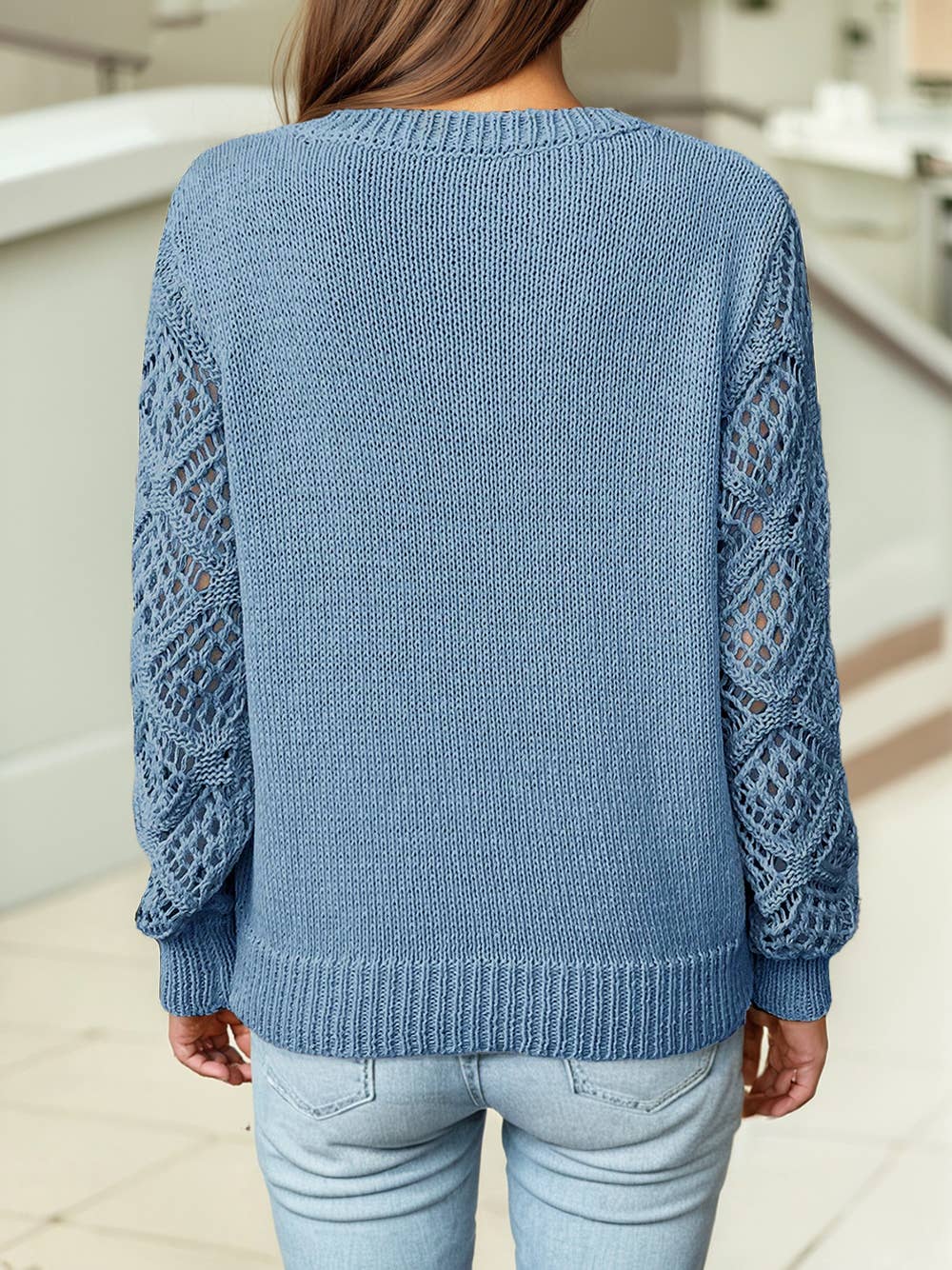 Solid V Neck Pointelle Knit Sleeve Sweater