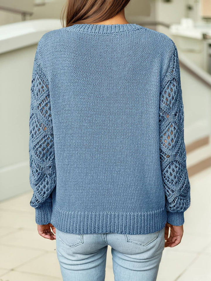 Solid V Neck Pointelle Knit Sleeve Sweater