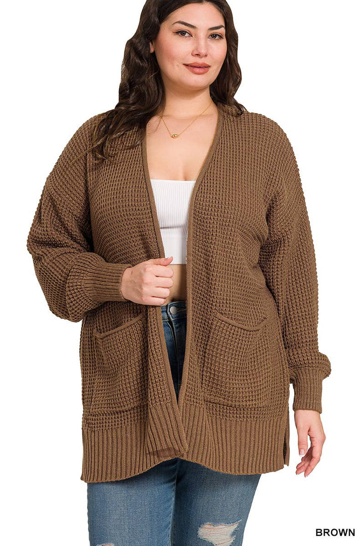 Plus Low Gauge Waffle Open Cardigan Sweater