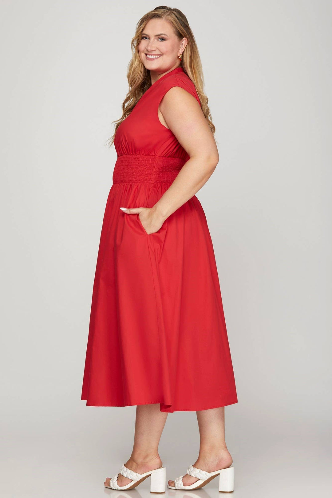 Plus Smocked Waist Front Zip Midi Dress