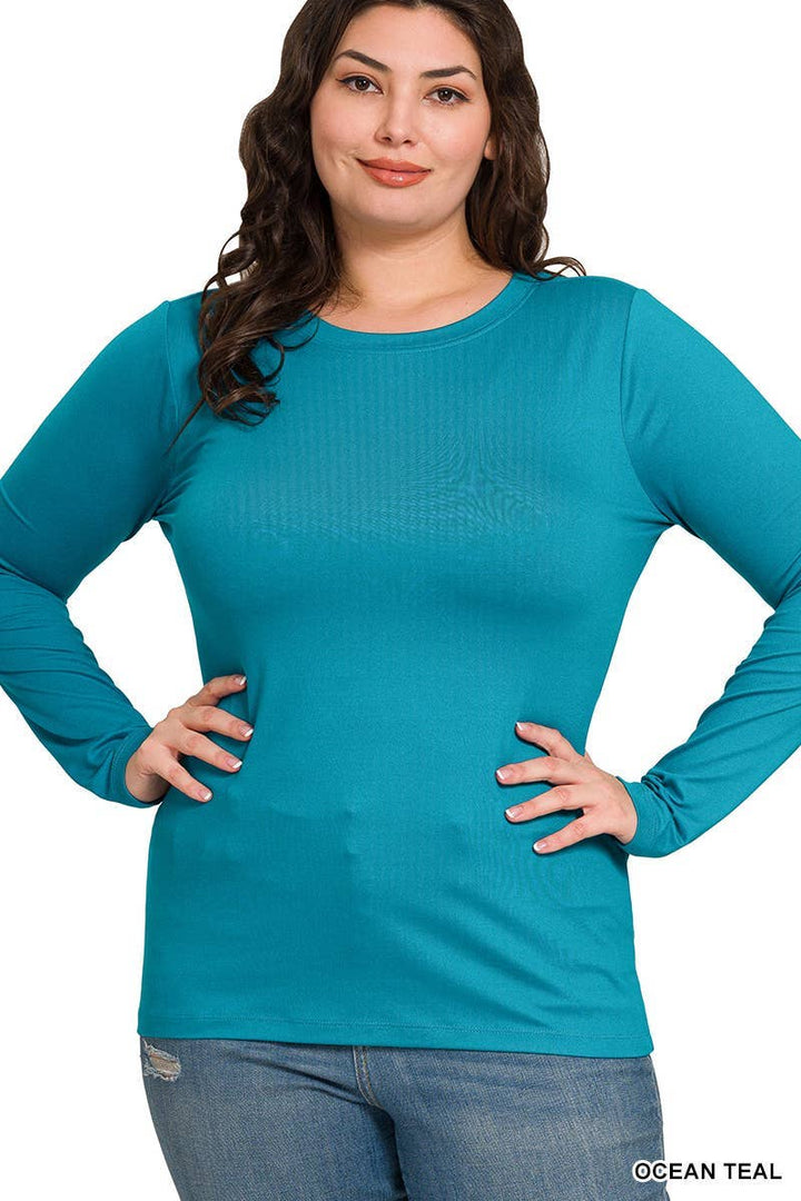 Plus Brushed Microfiber Long Sleeve Round Neck Tee