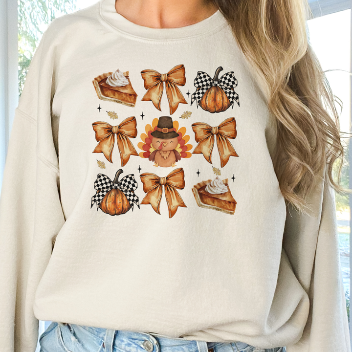 Fall Thanksgiving Collage Turkey Pie Bow Graphic Sweatshirt