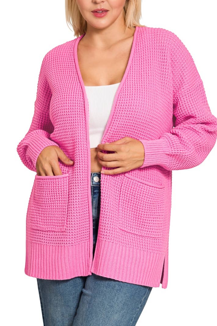Plus Low Gauge Waffle Open Cardigan Sweater