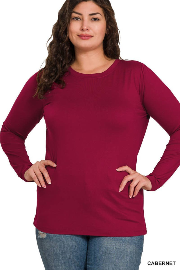 Plus Brushed Microfiber Long Sleeve Round Neck Tee