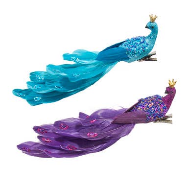 Purple &amp; Blue Peacock Gold Crown Clip-On Ornaments 2 Asstd