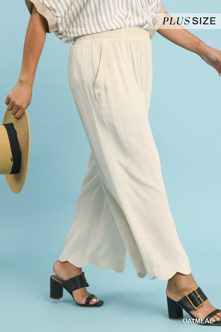 Plus Linen Blend Scallop Hem Wide Leg Pants
