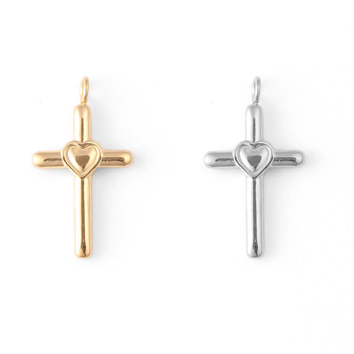 18K Gold PVD Stainless Steel Heart in Cross Charm
