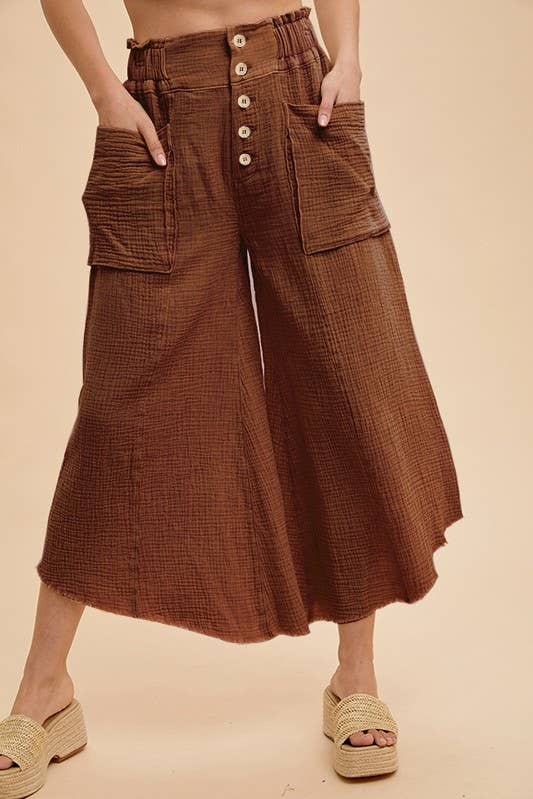 Mineral Washed Fray Hem Linen Cotton Wide Pants