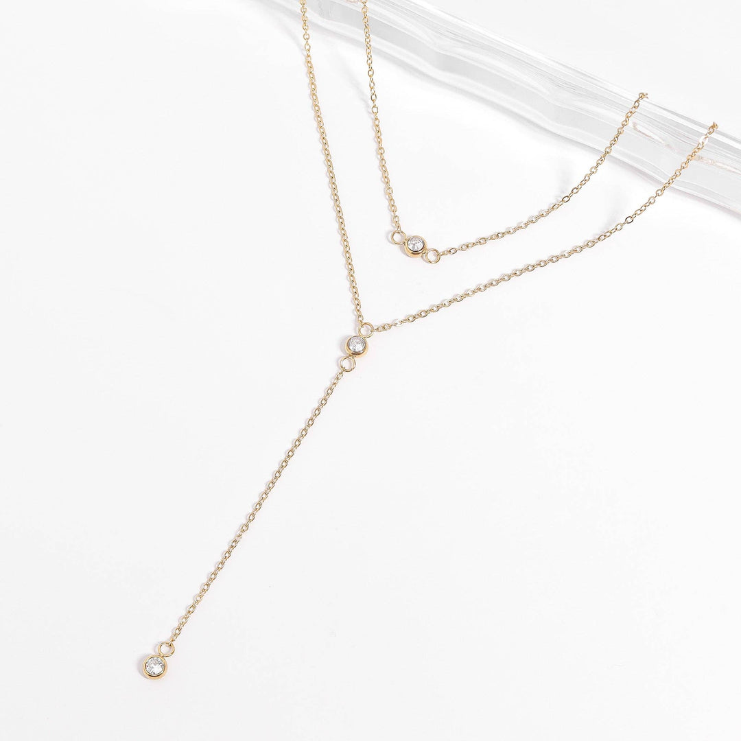 18K Gold PVD Stainless Steel Lariat Necklace CZ Stone Necklace