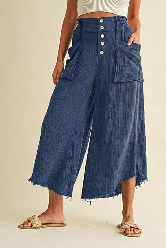 Mineral Washed Fray Hem Linen Cotton Wide Pants