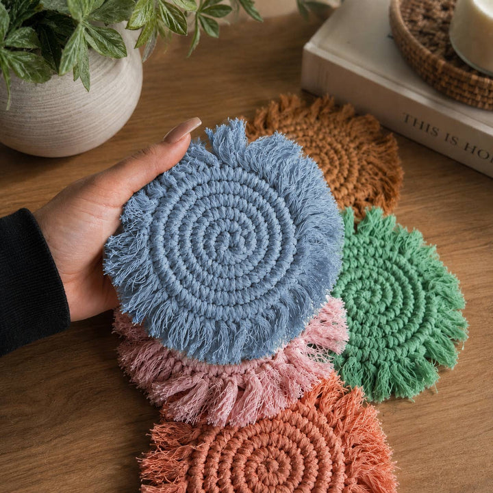 Fabric Tassel Spiral Braided Coasters, Spring Tabletop Decor