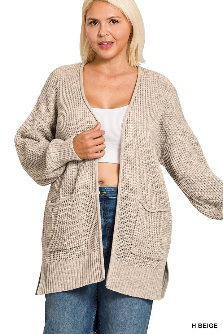 Plus Low Gauge Waffle Open Cardigan Sweater
