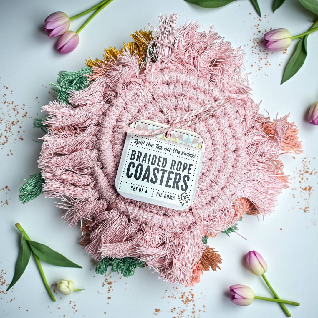 Fabric Tassel Spiral Braided Coasters, Spring Tabletop Decor
