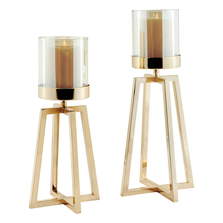 Maeve Gold Pedestal Hurricane Candle Holders - Set of 2