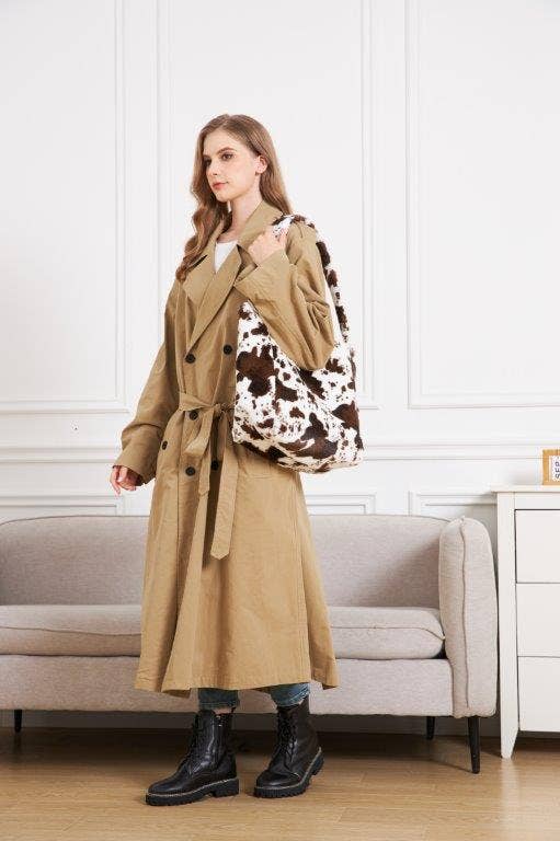 Black Brown Cow Print Faux Fur Tote Bag