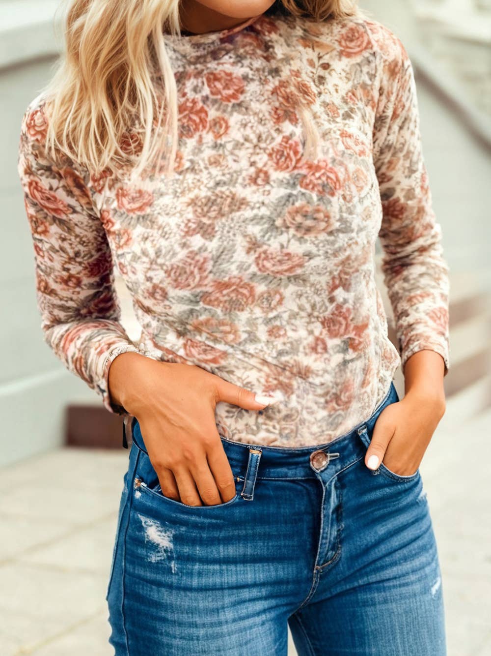 Retro Floral Print Mesh Long Sleeve Top | S-4X