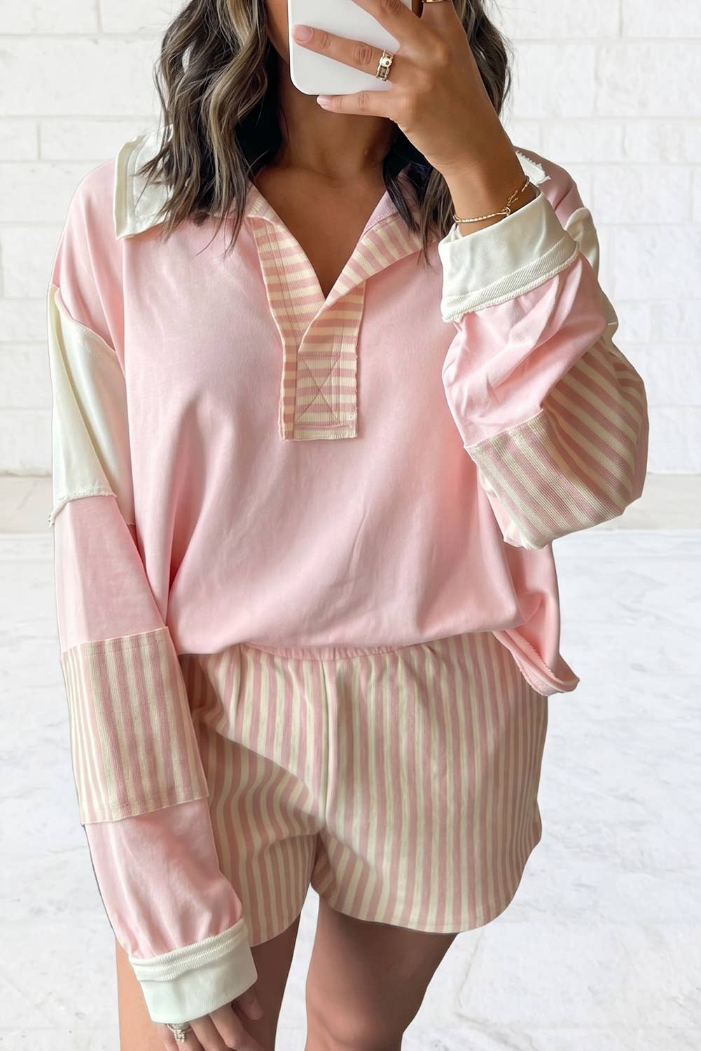 Striped Colorblock Patchwork Sweatshirt &amp; Shorts Set S–4X